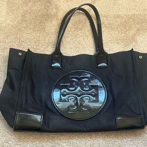 Tory Burch Ella Nylon Medium Patent Leather Logo Black Tote Bag